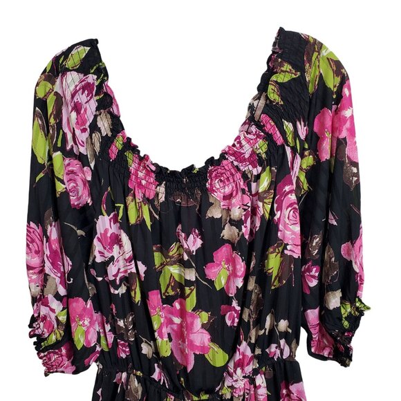 Boston Proper Sz M Dress Floral Chiffon Smocked Neckline Off Shoulder Puff Sleev - Picture 5 of 12